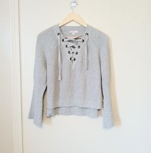 MS.MAGGIE lace up ribbed stitch gray cropped long Bell sleeve sweater